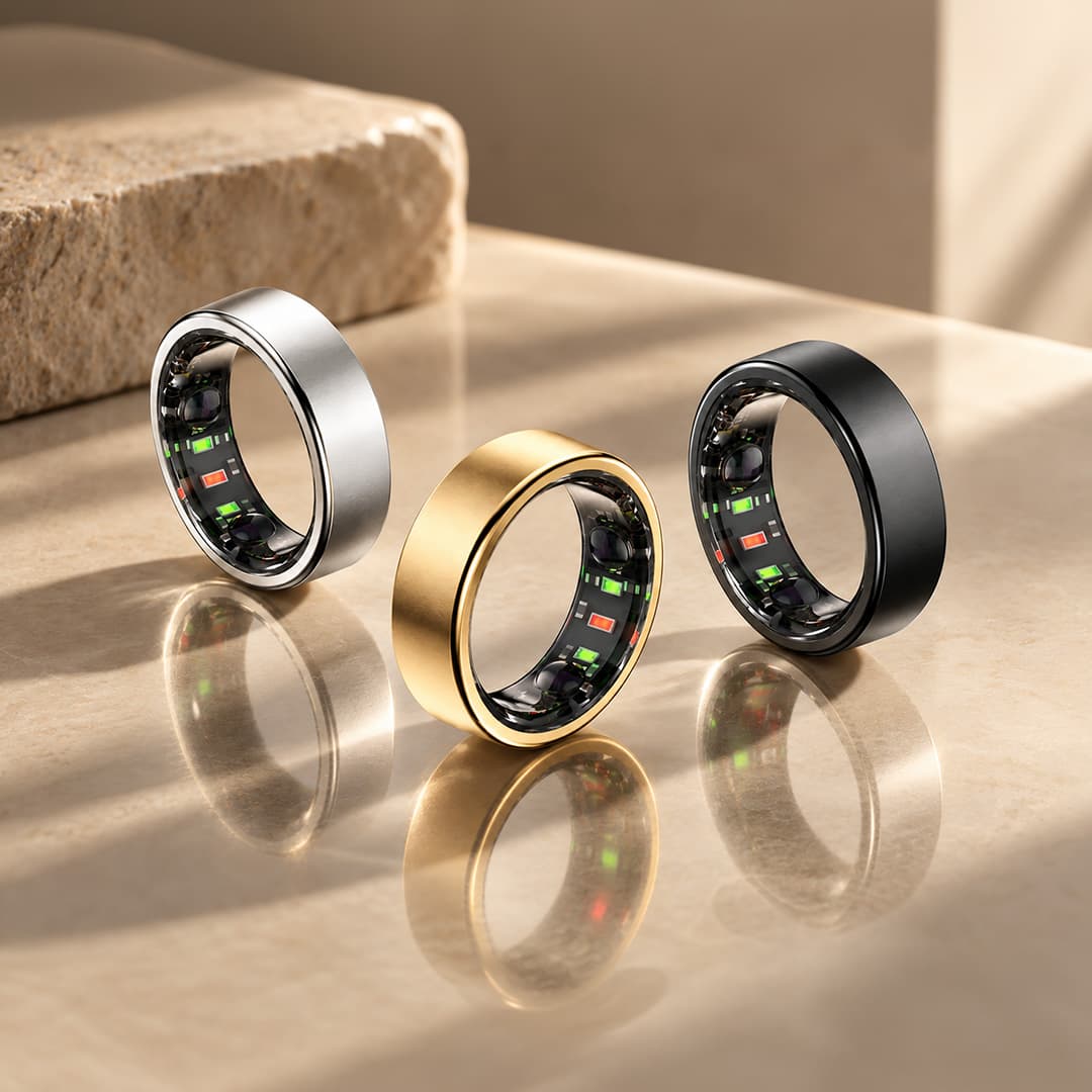 SENOVA Pro smart ring in Deep Gray, Rose Gold, and Silver finishes